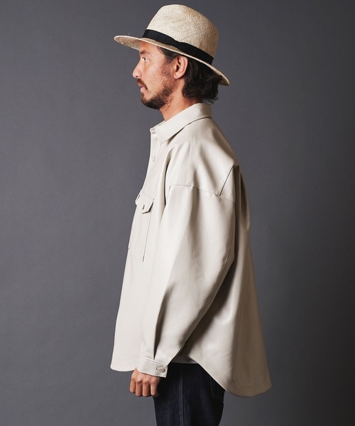 THE TWENTYSEVEN（ザ トゥエンティーセブン）の「TWENTYSEVEN:FAKE LEATHER CPO SHIRT BLOUSON　フェイク レザー CPOシャツブルゾン（ライダースジャケット・メンズ・ブラック/サックスブルー/グレイッシュベージュ・M/L）」の18枚目の写真