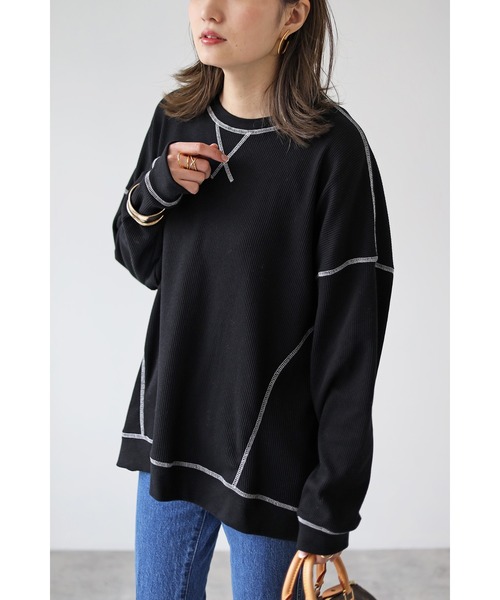 Bonjour Sagan(ボンジュールサガン)の「ワッフル配色ステッチプルオーバー(Tシャツ/カットソー・レディース・ブラック/オフホワイト・FREE)」の2枚目の写真