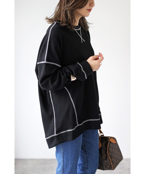 Bonjour Sagan(ボンジュールサガン)の「ワッフル配色ステッチプルオーバー(Tシャツ/カットソー・レディース・ブラック/オフホワイト・FREE)」の11枚目の写真