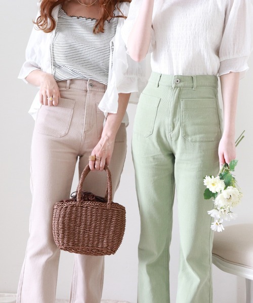 Cheek(チーク)の「【 - mimi - 】BIGポケットセミフレアパンツ(デニムパンツ・レディース・オフホワイト/ネイビー/サックスブルー/ミント/ピンクベージュ・SMALL/MEDIUM)」の2枚目の写真