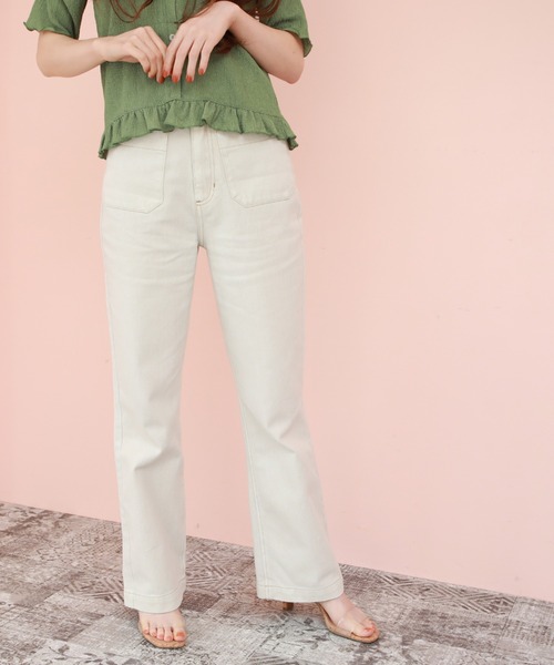 Cheek(チーク)の「【 - mimi - 】BIGポケットセミフレアパンツ(デニムパンツ・レディース・オフホワイト/ネイビー/サックスブルー/ミント/ピンクベージュ・SMALL/MEDIUM)」の3枚目の写真