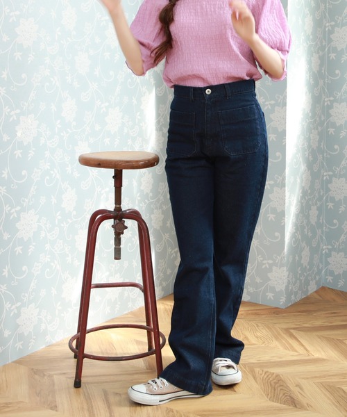 Cheek(チーク)の「【 - mimi - 】BIGポケットセミフレアパンツ(デニムパンツ・レディース・オフホワイト/ネイビー/サックスブルー/ミント/ピンクベージュ・SMALL/MEDIUM)」の8枚目の写真