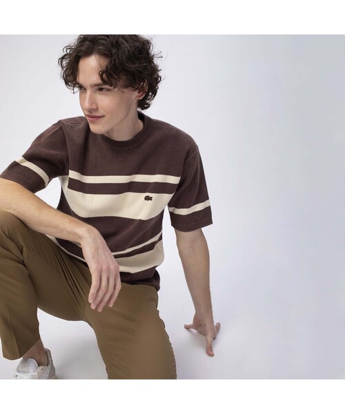 ラコステ クラシック ボーダー ウォッシュド ニットポロシャツ ブラウン LACOSTE（ラコステ）の「ウォッシュドニットボーダーTシャツ（T