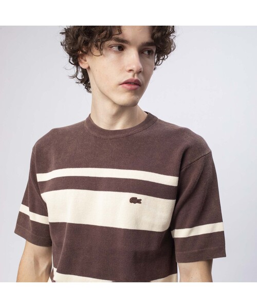 ラコステ クラシック ボーダー ウォッシュド ニットポロシャツ ブラウン LACOSTE（ラコステ）の「ウォッシュドニットボーダーTシャツ（T