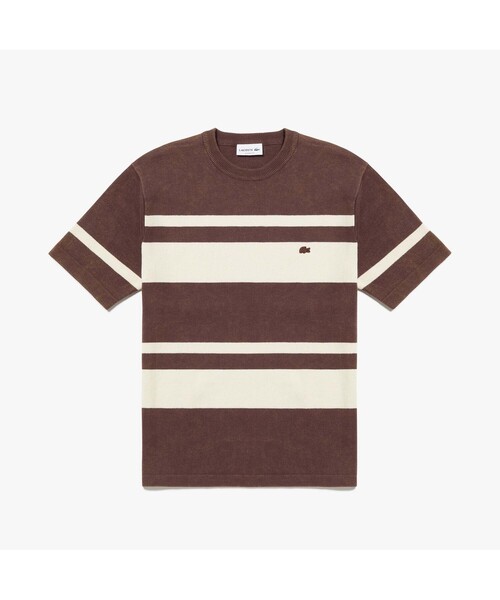 ラコステ クラシック ボーダー ウォッシュド ニットポロシャツ ブラウン LACOSTE（ラコステ）の「ウォッシュドニットボーダーTシャツ（T