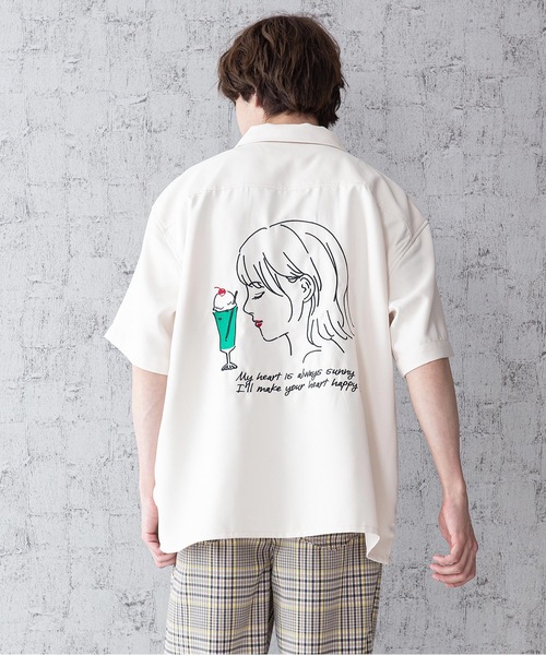 LB/S （エルビーエス）の「レトロ刺繍 半袖ビッグシルエットバックプリントオープンカラー（開襟）シャツ（シャツ/ブラウス・メンズ・グリーン/ベージュ/ホワイト/ブルー系その他・MEDIUM/LARGE）」の2枚目の写真