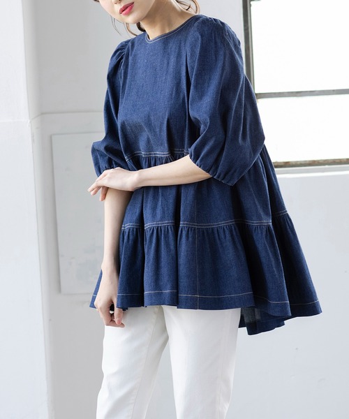 美品 ローズティアラ ドッキング チュニック ブラウス プルオーバー 42 22fabric】サウナフロック／チュニック
