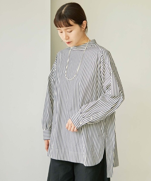 note et silence （ノートエシロンス）の「80/2ストライプ　ギャザースタンドブラウス（シャツ/ブラウス・レディース・ネイビー/カーキ・FREE）」の3枚目の写真