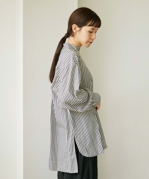 note et silence （ノートエシロンス）の「80/2ストライプ　ギャザースタンドブラウス（シャツ/ブラウス・レディース・ネイビー/カーキ・FREE）」の6枚目の写真