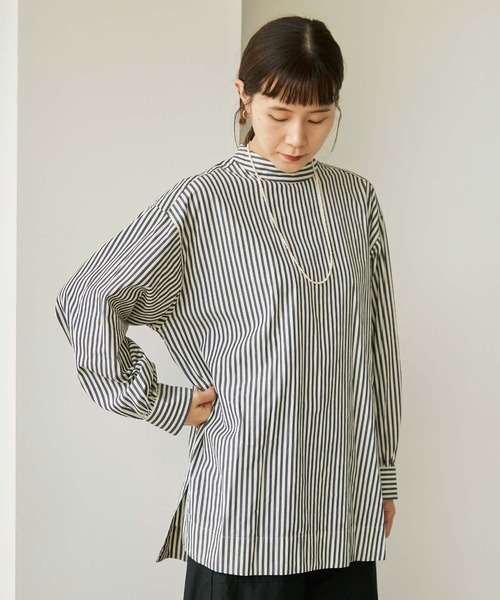 note et silence （ノートエシロンス）の「80/2ストライプ　ギャザースタンドブラウス（シャツ/ブラウス・レディース・ネイビー/カーキ・FREE）」の7枚目の写真