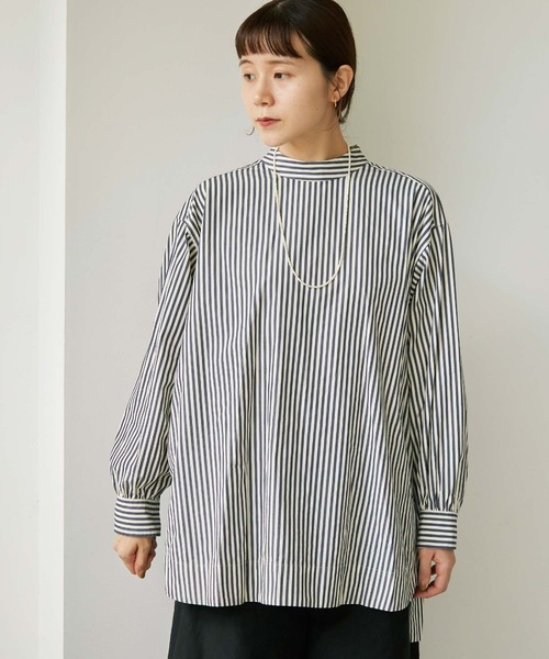 note et silence （ノートエシロンス）の「80/2ストライプ　ギャザースタンドブラウス（シャツ/ブラウス・レディース・ネイビー/カーキ・FREE）」の8枚目の写真