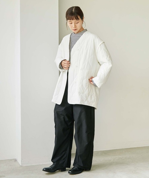 note et silence （ノートエシロンス）の「80/2ストライプ　ギャザースタンドブラウス（シャツ/ブラウス・レディース・ネイビー/カーキ・FREE）」の12枚目の写真