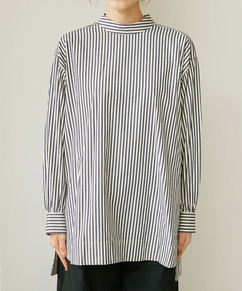 note et silence （ノートエシロンス）の「80/2ストライプ　ギャザースタンドブラウス（シャツ/ブラウス・レディース・ネイビー/カーキ・FREE）」の13枚目の写真