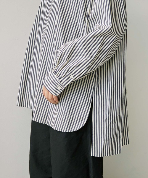 note et silence （ノートエシロンス）の「80/2ストライプ　ギャザースタンドブラウス（シャツ/ブラウス・レディース・ネイビー/カーキ・FREE）」の14枚目の写真