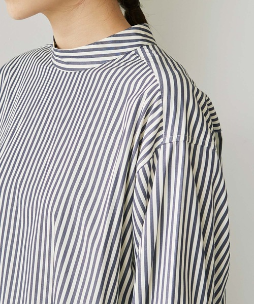 note et silence （ノートエシロンス）の「80/2ストライプ　ギャザースタンドブラウス（シャツ/ブラウス・レディース・ネイビー/カーキ・FREE）」の15枚目の写真