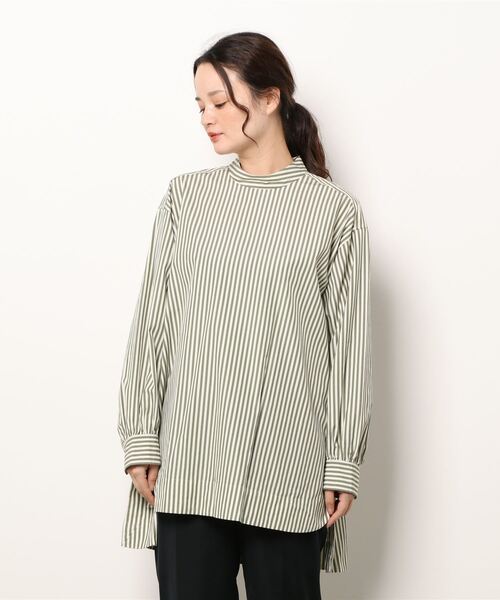 note et silence （ノートエシロンス）の「80/2ストライプ　ギャザースタンドブラウス（シャツ/ブラウス・レディース・ネイビー/カーキ・FREE）」の18枚目の写真