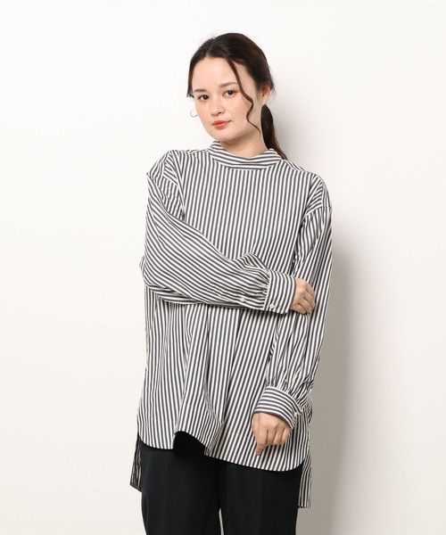 note et silence （ノートエシロンス）の「80/2ストライプ　ギャザースタンドブラウス（シャツ/ブラウス・レディース・ネイビー/カーキ・FREE）」の17枚目の写真