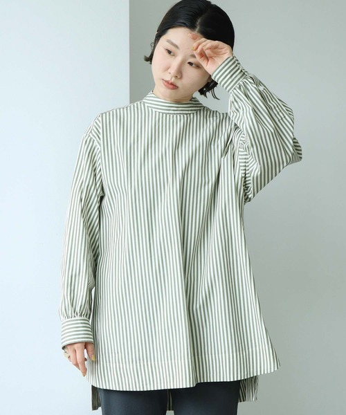 note et silence （ノートエシロンス）の「80/2ストライプ　ギャザースタンドブラウス（シャツ/ブラウス・レディース・ネイビー/カーキ・FREE）」の19枚目の写真