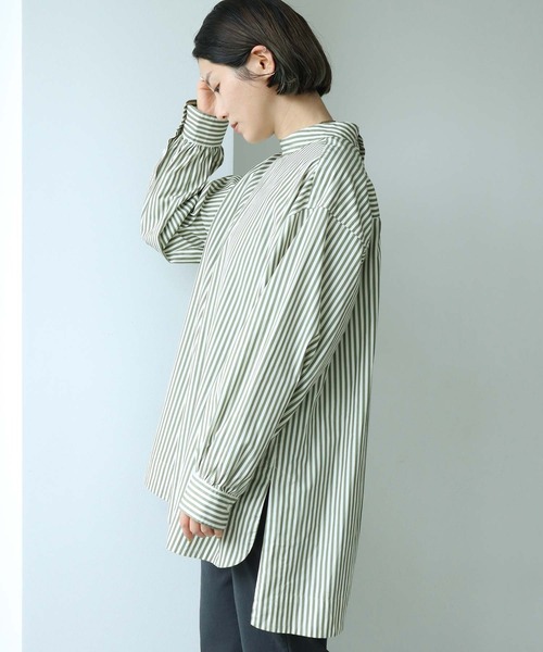 note et silence （ノートエシロンス）の「80/2ストライプ　ギャザースタンドブラウス（シャツ/ブラウス・レディース・ネイビー/カーキ・FREE）」の20枚目の写真