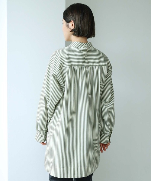 note et silence （ノートエシロンス）の「80/2ストライプ　ギャザースタンドブラウス（シャツ/ブラウス・レディース・ネイビー/カーキ・FREE）」の21枚目の写真