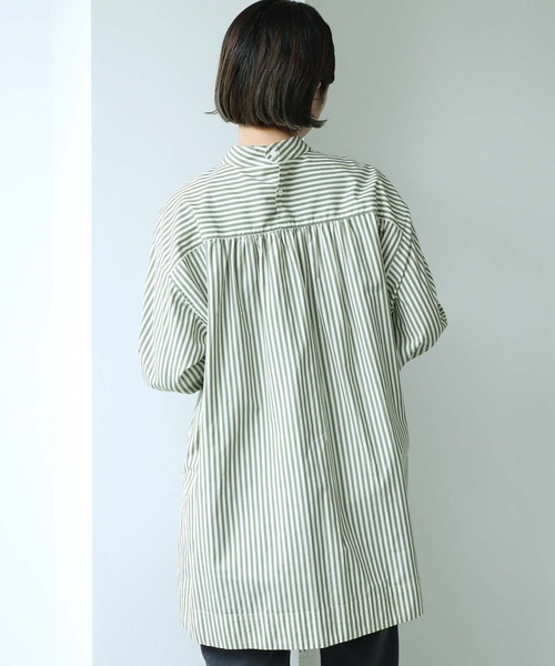 note et silence （ノートエシロンス）の「80/2ストライプ　ギャザースタンドブラウス（シャツ/ブラウス・レディース・ネイビー/カーキ・FREE）」の22枚目の写真