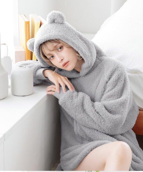 Dita（ディータ）の「ぷっくり耳付き。もこもこくま耳パーカーワンピース（ルームワンピース・レディース・ベージュ/パープル/ミント/ベビーピンク/アイボリー/サンドグレー/スモークピンク/グレイッシュブルー/アッシュブラウン/グリーン系その他/ピンク/サックスブルー・FREE）」の20枚目の写真