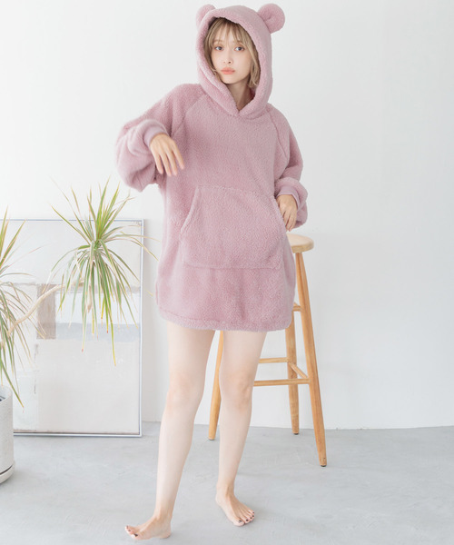 Dita（ディータ）の「ぷっくり耳付き。もこもこくま耳パーカーワンピース（ルームワンピース・レディース・ベージュ/パープル/ミント/ベビーピンク/アイボリー/サンドグレー/スモークピンク/グレイッシュブルー/アッシュブラウン/グリーン系その他/ピンク/サックスブルー・FREE）」の17枚目の写真