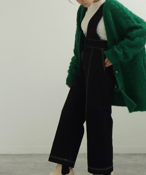 AULI（アウリィ）の「【低身長向けサイズ】配色ステッチサロペットパンツ（サロペット/オーバーオール・レディース・ブラック/ベージュ/レッド・S/XS/XXS）」の19枚目の写真