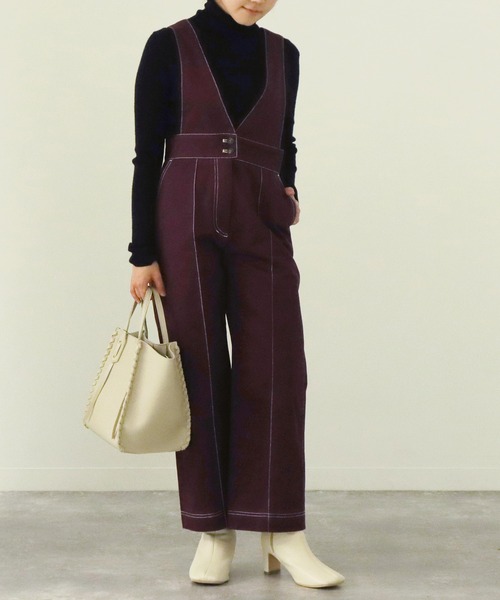 AULI（アウリィ）の「【低身長向けサイズ】配色ステッチサロペットパンツ（サロペット/オーバーオール・レディース・ブラック/ベージュ/レッド・S/XS/XXS）」の10枚目の写真