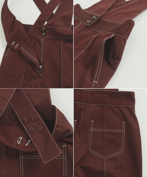 AULI（アウリィ）の「【低身長向けサイズ】配色ステッチサロペットパンツ（サロペット/オーバーオール・レディース・ブラック/ベージュ/レッド・S/XS/XXS）」の14枚目の写真