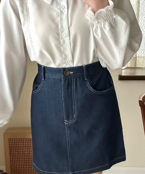 細見え膝丈デニムスカート（デニムスカート）｜Cham.（チャム）の