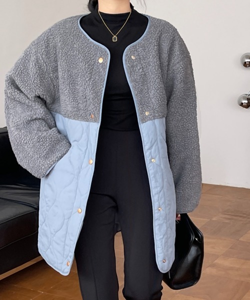 emi+（エミプラス）の「ボア切り替えキルティングノーカラーコート（ノーカラーコート・レディース・アイボリー/ブラック/カーキ/ブラウン/チャコールグレー/ネイビー/ブルーグレー/モカ/ホワイト・FREE/M/L）」の6枚目の写真