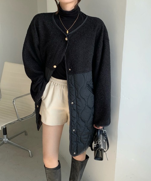 emi+（エミプラス）の「ボア切り替えキルティングノーカラーコート（ノーカラーコート・レディース・アイボリー/ブラック/カーキ/ブラウン/チャコールグレー/ネイビー/ブルーグレー/モカ/ホワイト・FREE/M/L）」の12枚目の写真