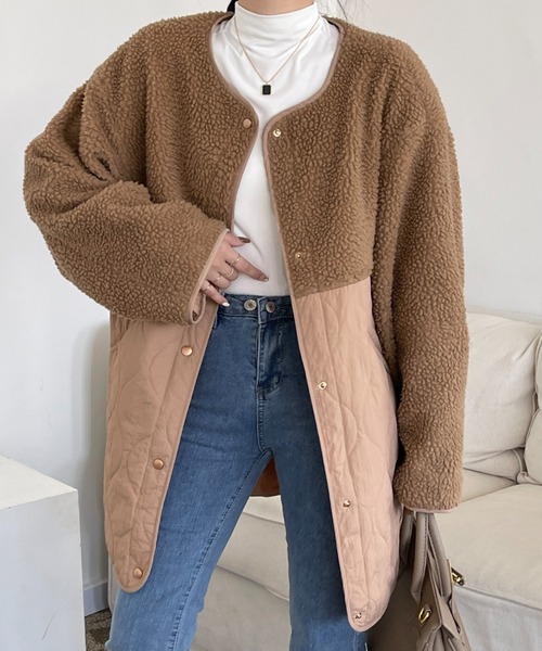 emi+（エミプラス）の「ボア切り替えキルティングノーカラーコート（ノーカラーコート・レディース・アイボリー/ブラック/カーキ/ブラウン/チャコールグレー/ネイビー/ブルーグレー/モカ/ホワイト・FREE/M/L）」の15枚目の写真