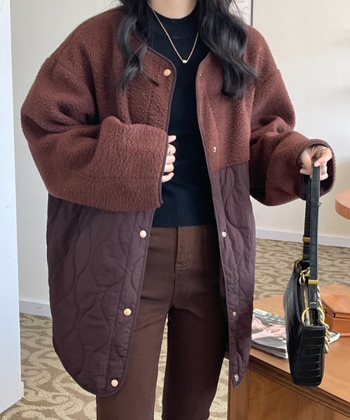 emi+（エミプラス）の「ボア切り替えキルティングノーカラーコート（ノーカラーコート・レディース・アイボリー/ブラック/カーキ/ブラウン/チャコールグレー/ネイビー/ブルーグレー/モカ/ホワイト・FREE/M/L）」の16枚目の写真