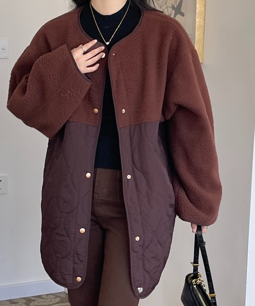 emi+（エミプラス）の「ボア切り替えキルティングノーカラーコート（ノーカラーコート・レディース・アイボリー/ブラック/カーキ/ブラウン/チャコールグレー/ネイビー/ブルーグレー/モカ/ホワイト・FREE/M/L）」の17枚目の写真