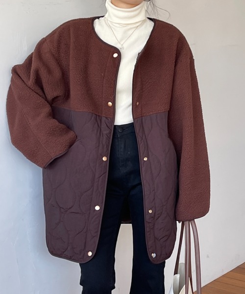 emi+（エミプラス）の「ボア切り替えキルティングノーカラーコート（ノーカラーコート・レディース・アイボリー/ブラック/カーキ/ブラウン/チャコールグレー/ネイビー/ブルーグレー/モカ/ホワイト・FREE/M/L）」の18枚目の写真