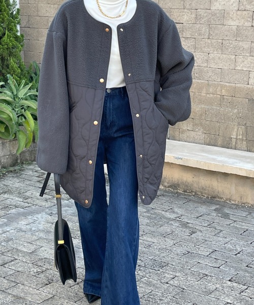 emi+（エミプラス）の「ボア切り替えキルティングノーカラーコート（ノーカラーコート・レディース・アイボリー/ブラック/カーキ/ブラウン/チャコールグレー/ネイビー/ブルーグレー/モカ/ホワイト・FREE/M/L）」の19枚目の写真