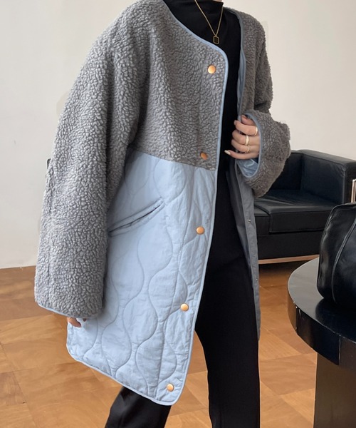 emi+（エミプラス）の「ボア切り替えキルティングノーカラーコート（ノーカラーコート・レディース・アイボリー/ブラック/カーキ/ブラウン/チャコールグレー/ネイビー/ブルーグレー/モカ/ホワイト・FREE/M/L）」の20枚目の写真