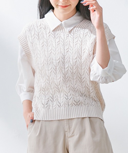 Honeys（ハニーズ）の「透かし編ベスト（ベスト・レディース・アイボリー/イエロー系その他/ベージュ・S/M/L）」の2枚目の写真