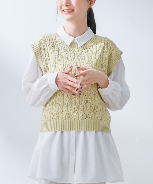 Honeys（ハニーズ）の「透かし編ベスト（ベスト・レディース・アイボリー/イエロー系その他/ベージュ・S/M/L）」の9枚目の写真