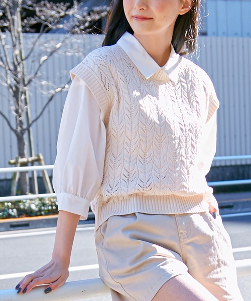 Honeys（ハニーズ）の「透かし編ベスト（ベスト・レディース・アイボリー/イエロー系その他/ベージュ・S/M/L）」の19枚目の写真