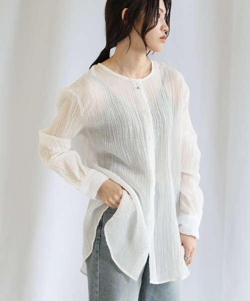 select MOCA（セレクトモカ）の「ランダムプリーツノーカラーシアーシャツ（シャツ/ブラウス・レディース・ホワイト/ブラック/ライトブラウン・FREE）」の15枚目の写真