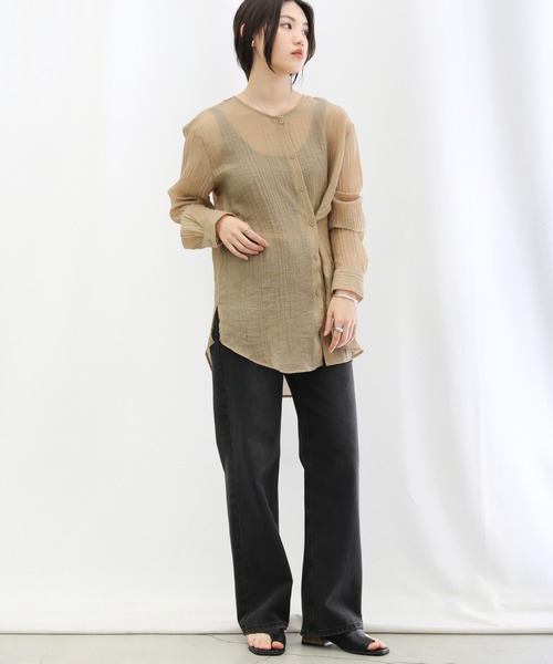 ランダムプリーツノーカラーシアーシャツ（シャツ/ブラウス）｜select