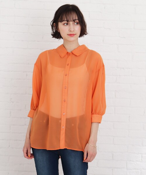 Cutie Blonde（キューティーブロンド）の「◆【S-L】シアーバックリボンブラウス（シャツ/ブラウス・レディース・ライトブルー/オフホワイト/ダークオレンジ・01/02/03）」の5枚目の写真