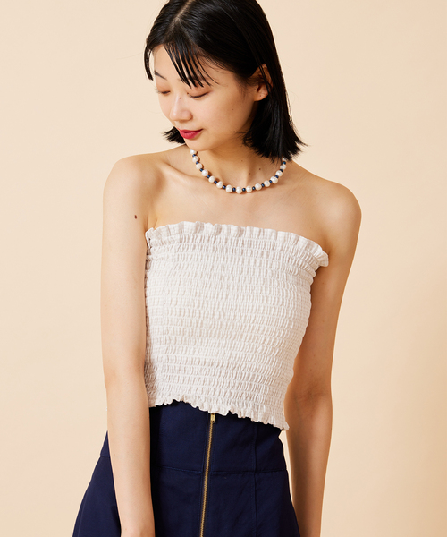 U by SPICK&SPAN(ユーバイスピックアンドスパン)の「ギンガムシャーリングベアトップ(チューブトップ・レディース・ホワイト/ブラック・FREE)」の8枚目の写真