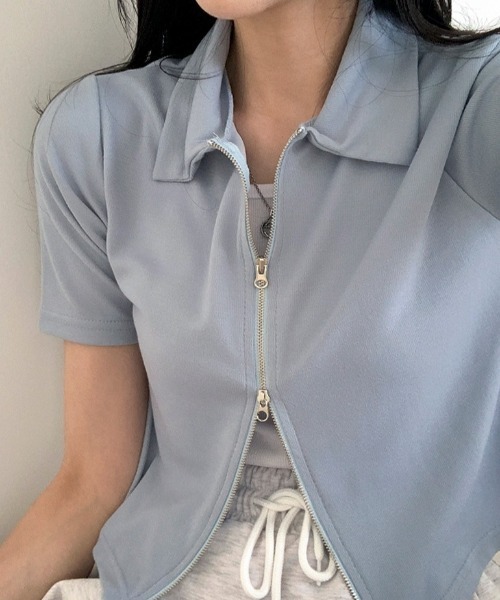 BEIDELLI（ベイデリー）の「[BELLIDE MADE] 2way襟付き半袖ジップアップ（Tシャツ/カットソー・レディース・ベージュ/アイボリー/ブラック/スカイブルー・FREE）」の18枚目の写真