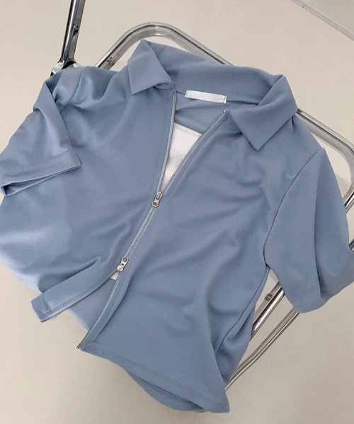 BEIDELLI（ベイデリー）の「[BELLIDE MADE] 2way襟付き半袖ジップアップ（Tシャツ/カットソー・レディース・ベージュ/アイボリー/ブラック/スカイブルー・FREE）」の22枚目の写真