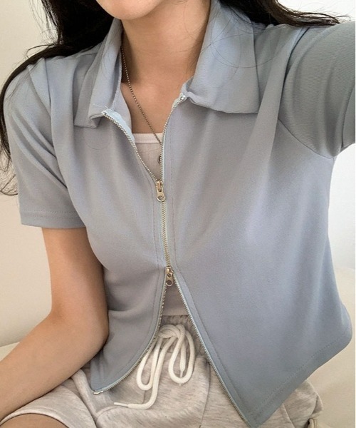 BEIDELLI（ベイデリー）の「[BELLIDE MADE] 2way襟付き半袖ジップアップ（Tシャツ/カットソー・レディース・ベージュ/アイボリー/ブラック/スカイブルー・FREE）」の15枚目の写真