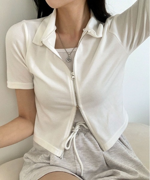 BEIDELLI（ベイデリー）の「[BELLIDE MADE] 2way襟付き半袖ジップアップ（Tシャツ/カットソー・レディース・ベージュ/アイボリー/ブラック/スカイブルー・FREE）」の20枚目の写真